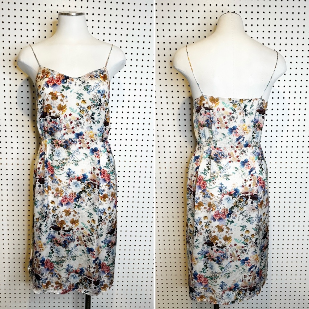 Zara | Floral Silky Satin Midi‎ Slip Dress w/ Spaghetti Straps Sz. S